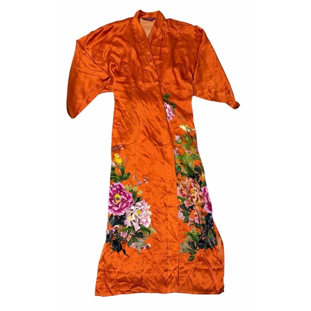 Ledamon Silk Kimono Long Robe Belted Floral Dark Orange Women's O/S